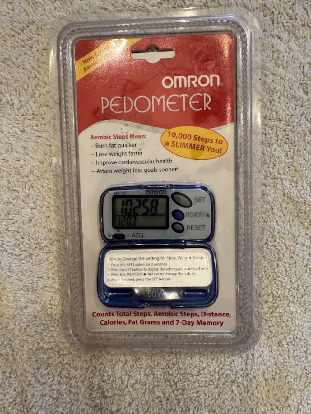 Omron HJ-105 Blue Digital Pocket Pedometer Step/Calorie/Distance Counter NEW